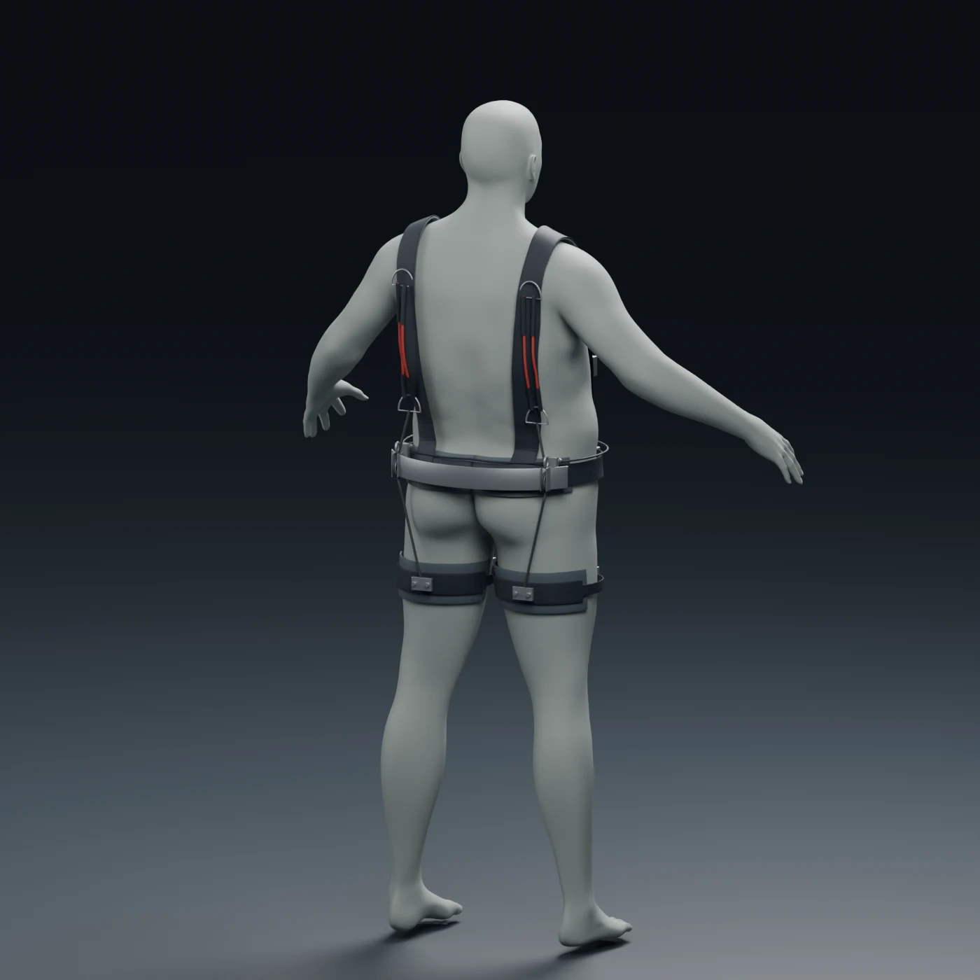 Rear three-quarter digital model of the passive EXO concept, showing shoulder straps, red elastic tubes, waist pulleys and thigh cuffs